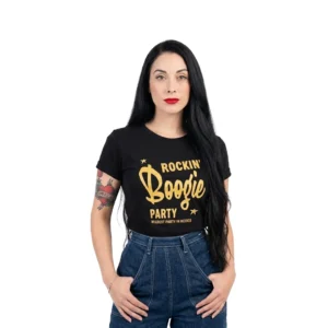 Playera Negra Mujer Logo Amarillo Rockin Boogie Party