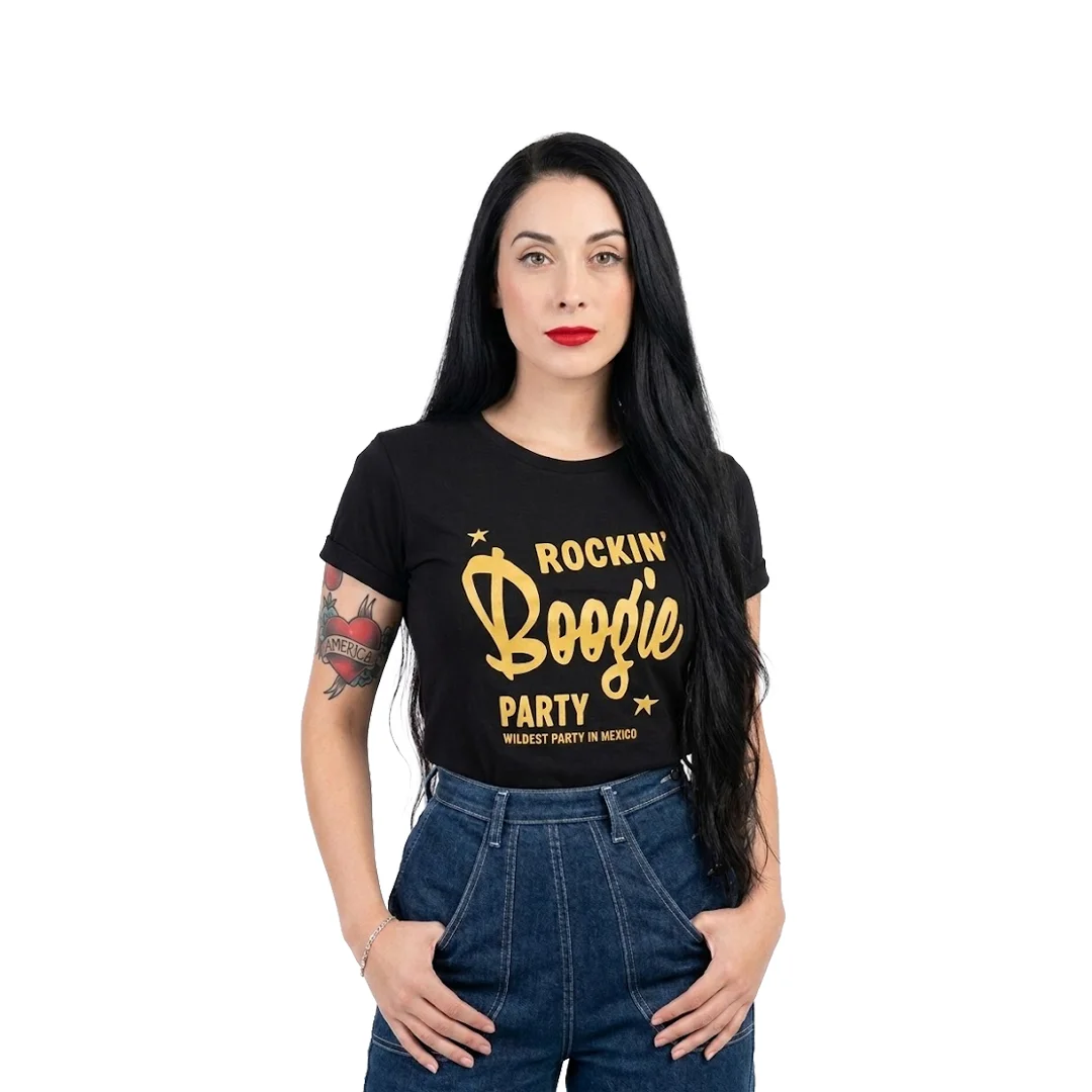 Playera Negra Mujer Logo Amarillo Rockin Boogie Party
