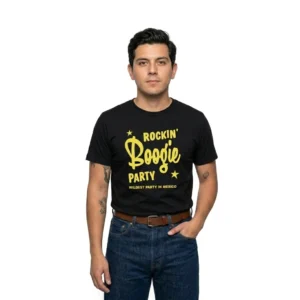 Playera Negra Hombre Logo Amarillo Rockin Boogie Party