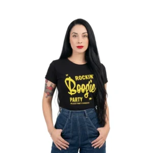 Playera Negra Mujer Logo Amarillo Rockin Boogie Party